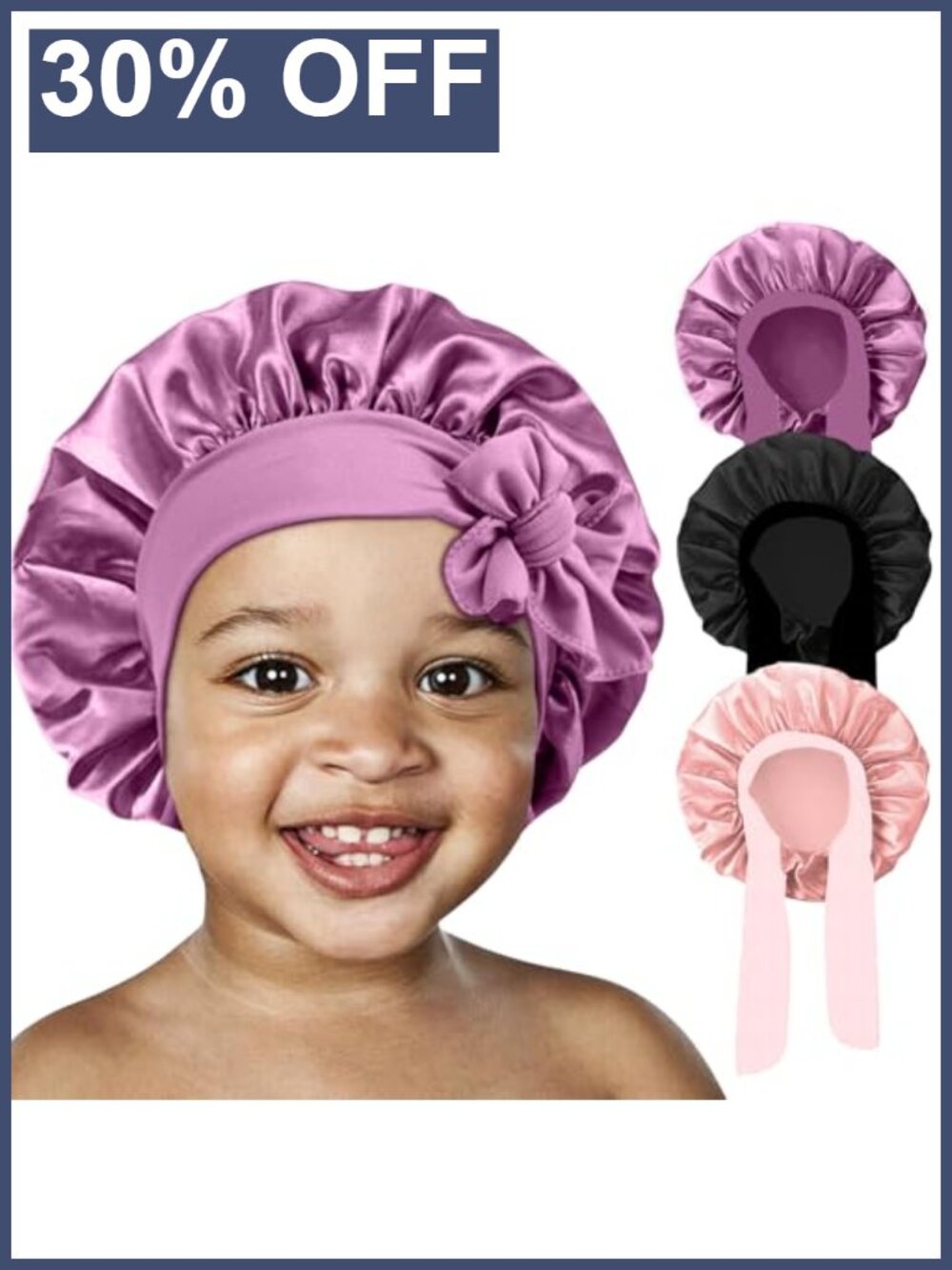 3 Pack Kids Satin Sleep Bonnet Wide Elastic Band Hair Cap